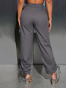 SHEIN PETITE High Waist Drawstring Side Trousers - Grey - View 2