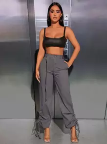 SHEIN PETITE High Waist Drawstring Side Trousers - Grey - View 3