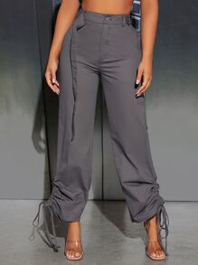 SHEIN PETITE High Waist Drawstring Side Trousers - Grey - View 4
