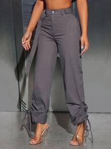 SHEIN PETITE High Waist Drawstring Side Trousers - Grey - View 5