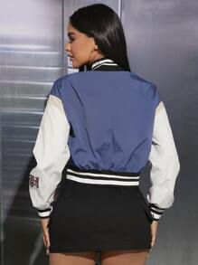 SHEIN PETITE Letter Patched Striped Trim Drop Shoulder Varsity Jacket - Navy Blue - View 2