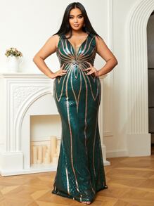 seomiscky Vestido de vestir panel con malla con lentejuelas - Verde Oscuro - Ver 1