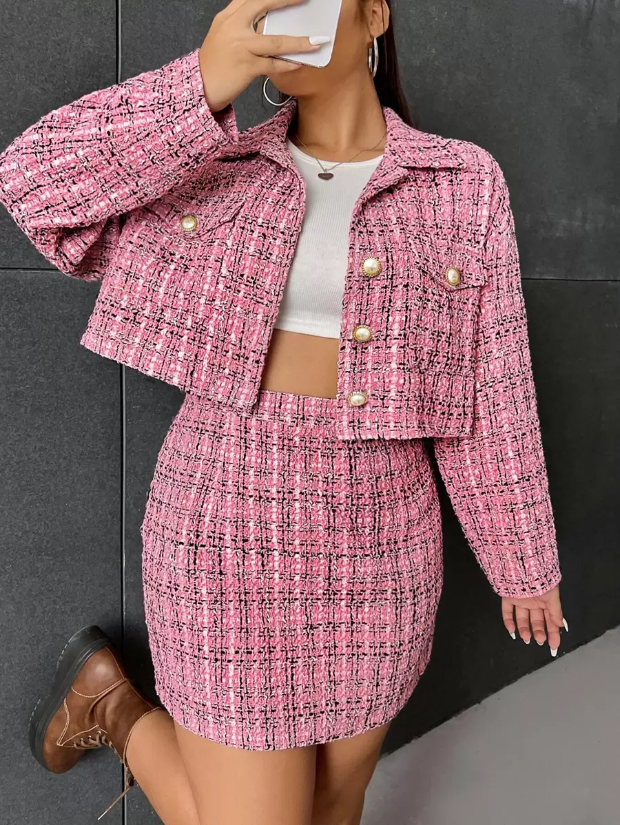 SHEIN Unity Plus Plaid Tweed Jacket & Skirt - Pink - View 1