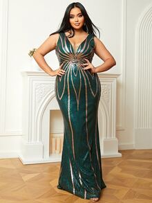 seomiscky Vestido de vestir panel con malla con lentejuelas - Verde Oscuro - Ver 3