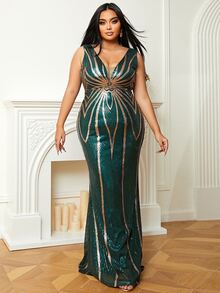 seomiscky Vestido de vestir panel con malla con lentejuelas - Verde Oscuro - Ver 5