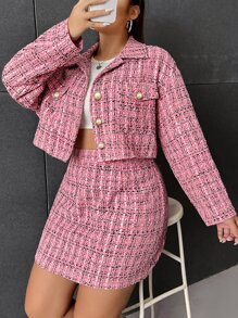 SHEIN Unity Plus Plaid Tweed Jacket & Skirt - Pink - View 4
