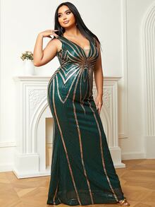 seomiscky Vestido de vestir panel con malla con lentejuelas - Verde Oscuro - Ver 7