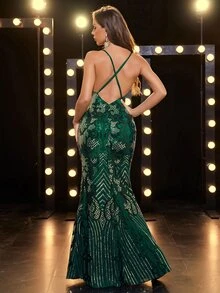 YISIKADO Floral Sequin Cami Dress - Dark Green - View 2