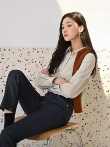 DAZY Camisa con botones y hombros caídos, blusa de manga larga