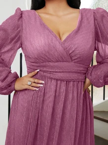 seomiscky 大碼交疊領燈籠袖網紗連衣裙 - 淡紫色 - 查看 4