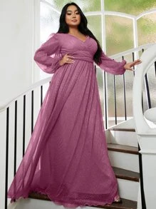 seomiscky 大碼交疊領燈籠袖網紗連衣裙 - 淡紫色 - 查看 8