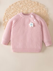 Bebé Jersey flor estéreo de manga raglán tejido de canalé - Rosa - Ver 1