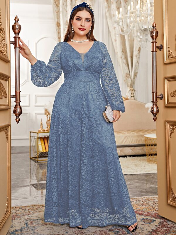 Modelyn Vestido largo de gala para mujeres con mangas farol, inserciones de malla y encaje de contraste