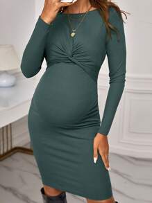 SHEIN Maternity Twist Front Rib-Knit Bodycon Dress With Long Sleeve - Cadet Blue - View 1