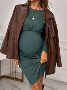 SHEIN Maternity Twist Front Rib-Knit Bodycon Dress With Long Sleeve - Cadet Blue - View 4