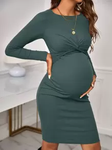 SHEIN Maternity Twist Front Rib-Knit Bodycon Dress With Long Sleeve - Cadet Blue - View 5