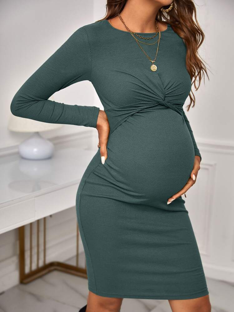 SHEIN 孕妇扭纹前罗纹针织长袖紧身连衣裙 - 青碧色 - 查看 5