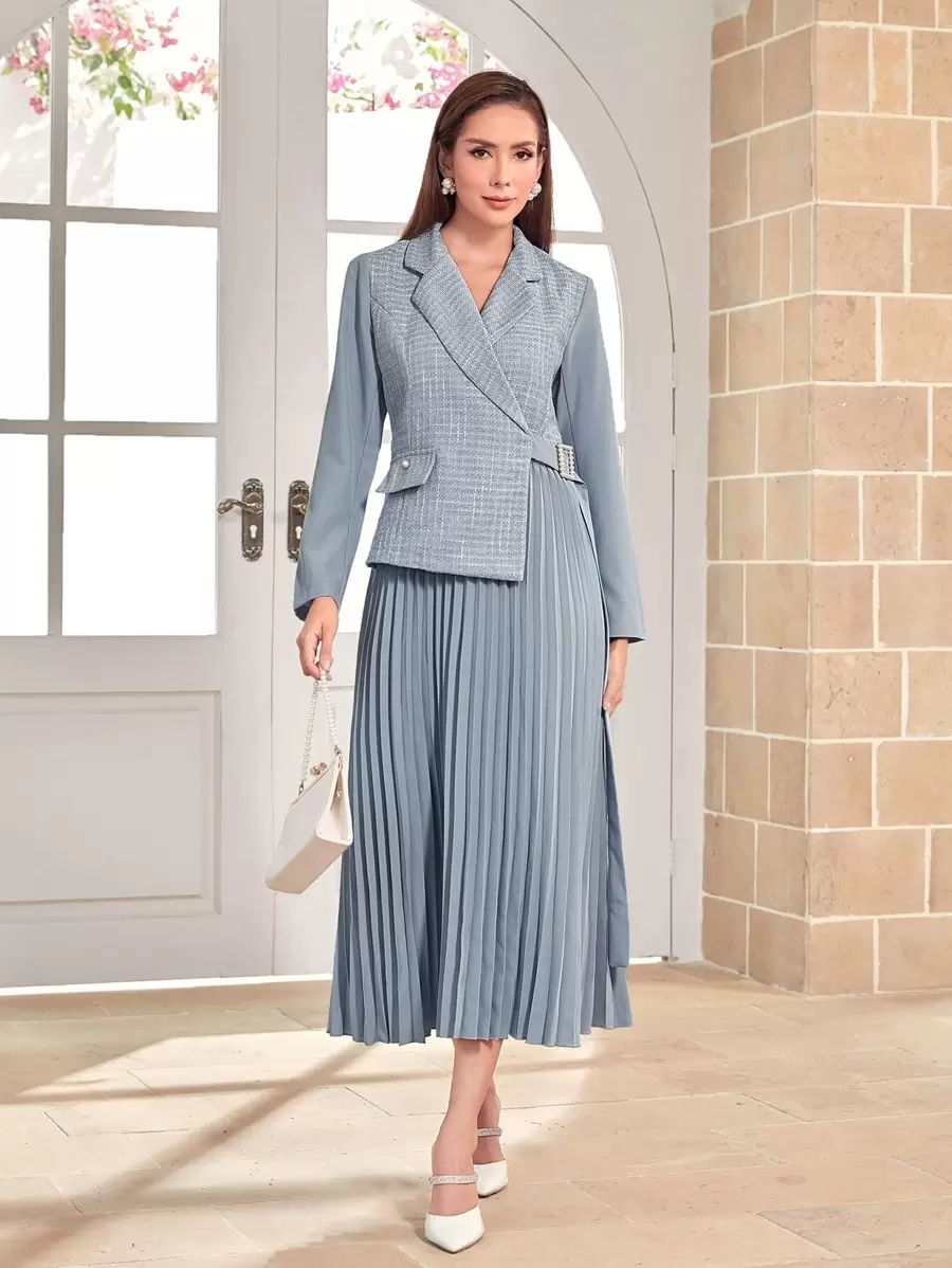 Modelyn 格紋西裝領帶扣細節百褶下擺洋裝 - 霧霾藍 - 查看 1