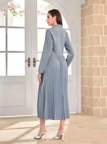 Modelyn 格紋西裝領帶扣細節百褶下擺洋裝 - 霧霾藍 - 查看 2