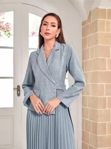 Modelyn 格紋西裝領帶扣細節百褶下擺洋裝 - 霧霾藍 - 查看 3