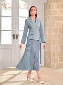 Modelyn 格紋西裝領帶扣細節百褶下擺洋裝 - 霧霾藍 - 查看 4