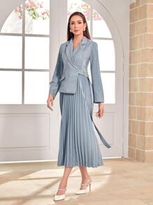 Modelyn 格紋西裝領帶扣細節百褶下擺洋裝 - 霧霾藍 - 查看 5