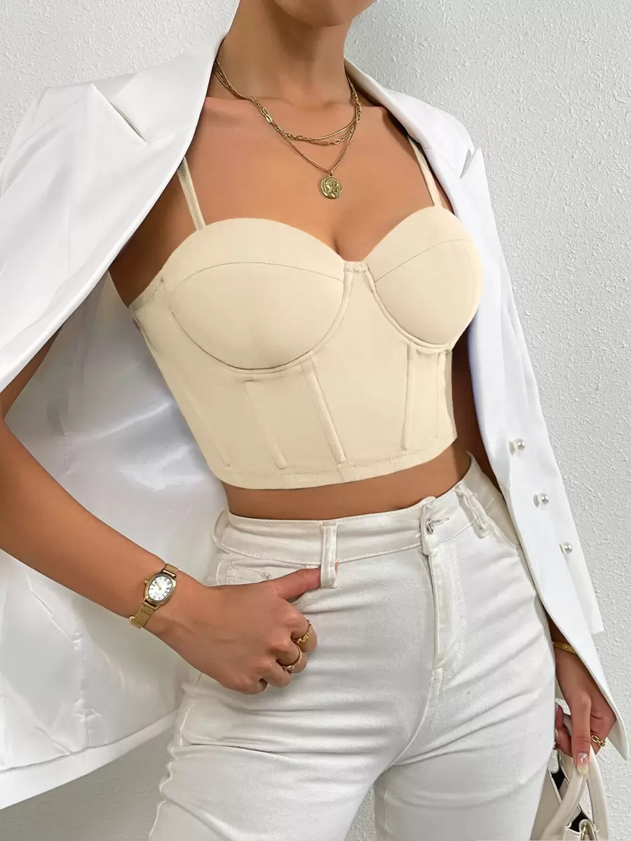 Chiquease 1 pieza Top de tirantes corto unicolor bustier - Albaricoque - Ver 1