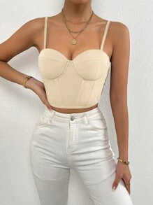 Chiquease 1 pieza Top de tirantes corto unicolor bustier - Albaricoque - Ver 4