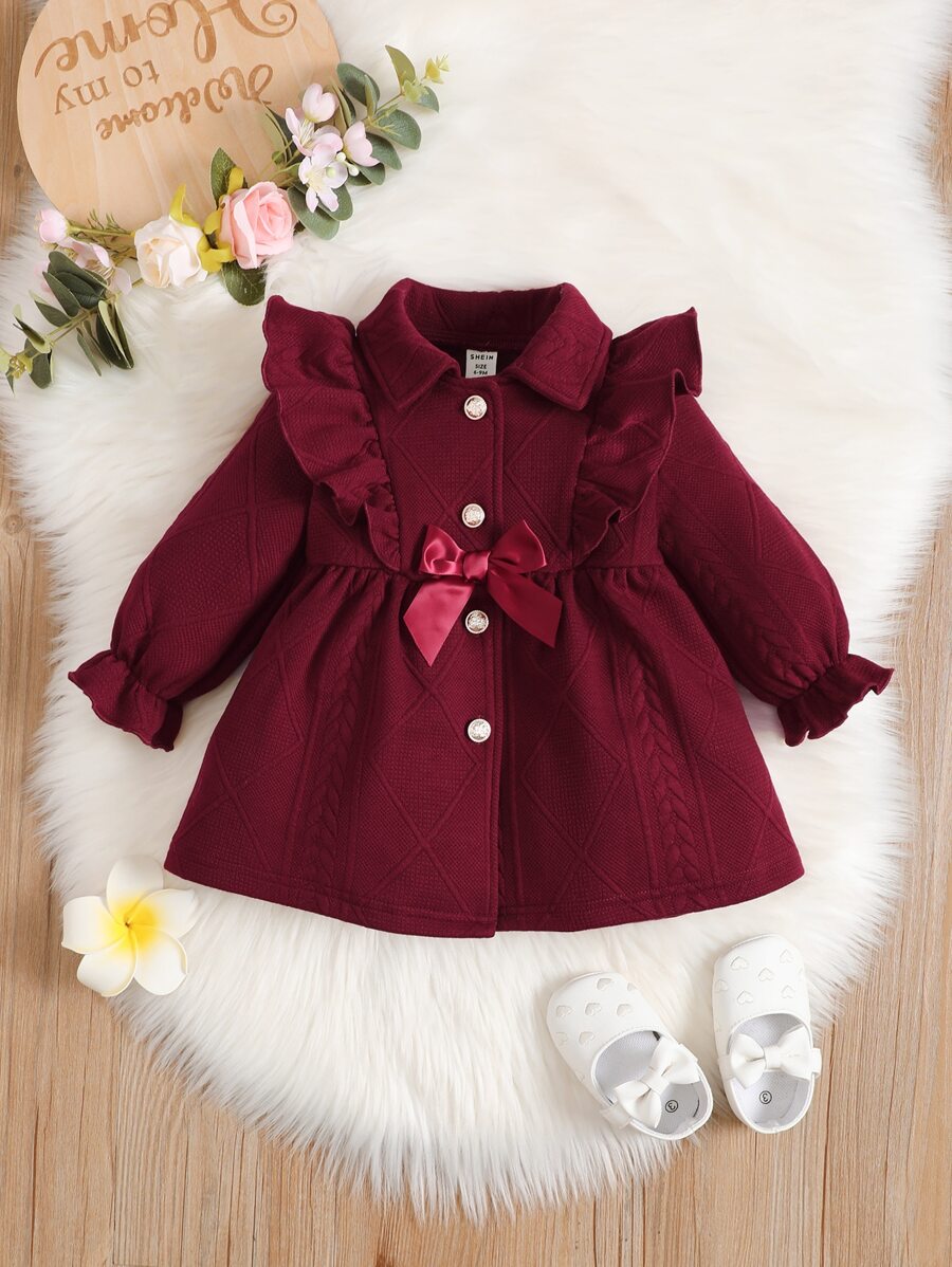Baby Ruffle Trim Flounce Sleeve Bow Front Corduroy Coat - Burgundy - View 1