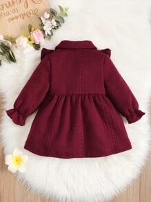 Baby Ruffle Trim Flounce Sleeve Bow Front Corduroy Coat - Burgundy - View 2