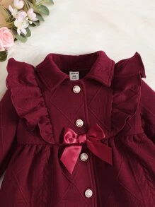 Baby Ruffle Trim Flounce Sleeve Bow Front Corduroy Coat - Burgundy - View 3
