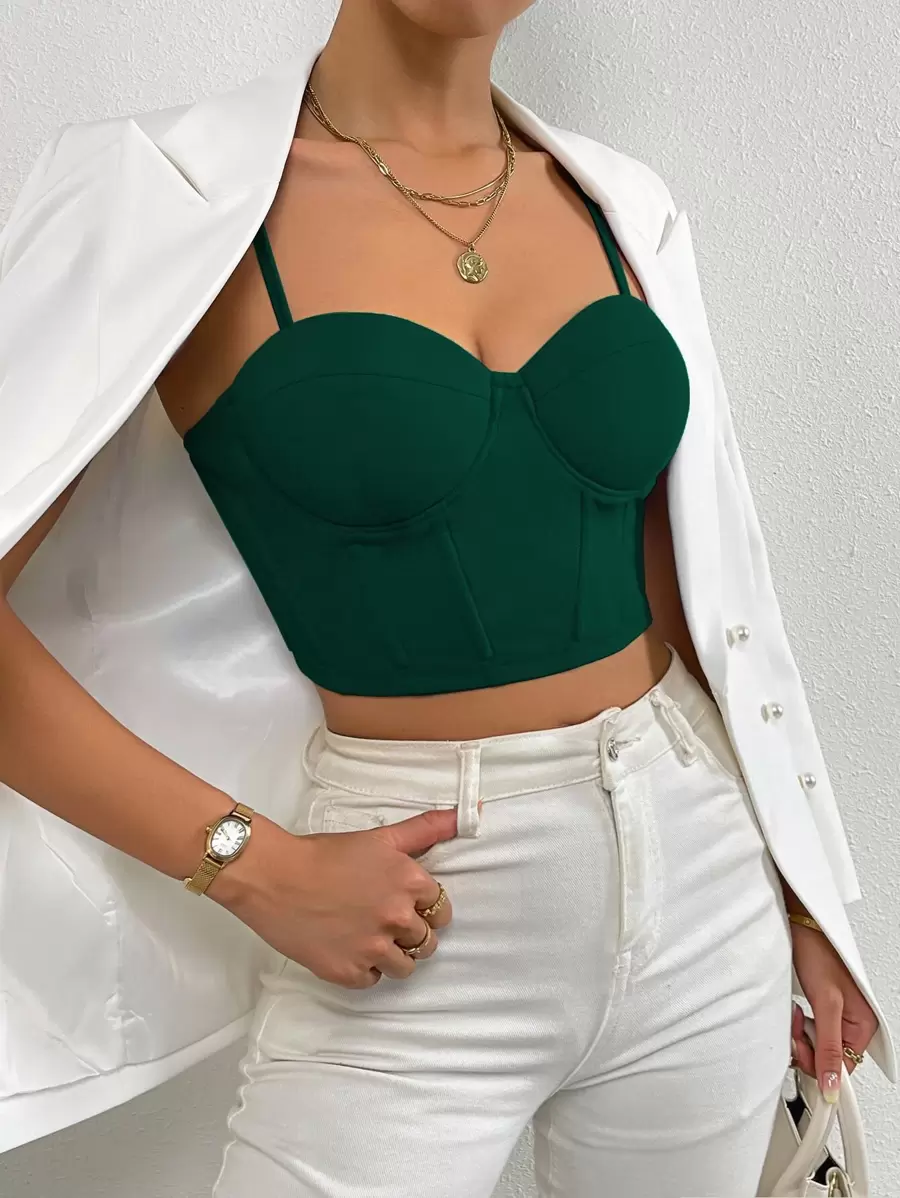 RosyDaze 1 pieza Top de tirantes corto unicolor bustier - Verde Oscuro - Ver 1