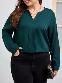 SHEIN Clasi Plus Solid Scallop Trim Popover Blouse - Dark Green - View 1