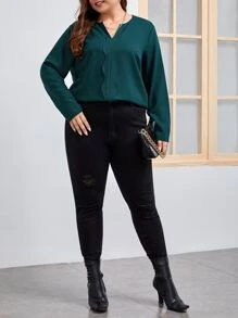 SHEIN Clasi Plus Solid Scallop Trim Popover Blouse - Dark Green - View 3