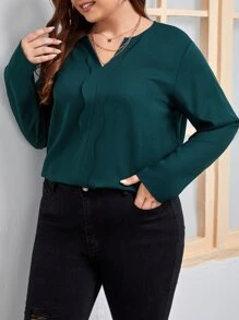 SHEIN Clasi Plus Solid Scallop Trim Popover Blouse - Dark Green - View 4