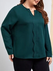 SHEIN Clasi Plus Solid Scallop Trim Popover Blouse - Dark Green - View 5