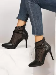 Fashionable Mesh Heart Shape Stiletto Heels Boots With Rear Zipper - Black - View 1