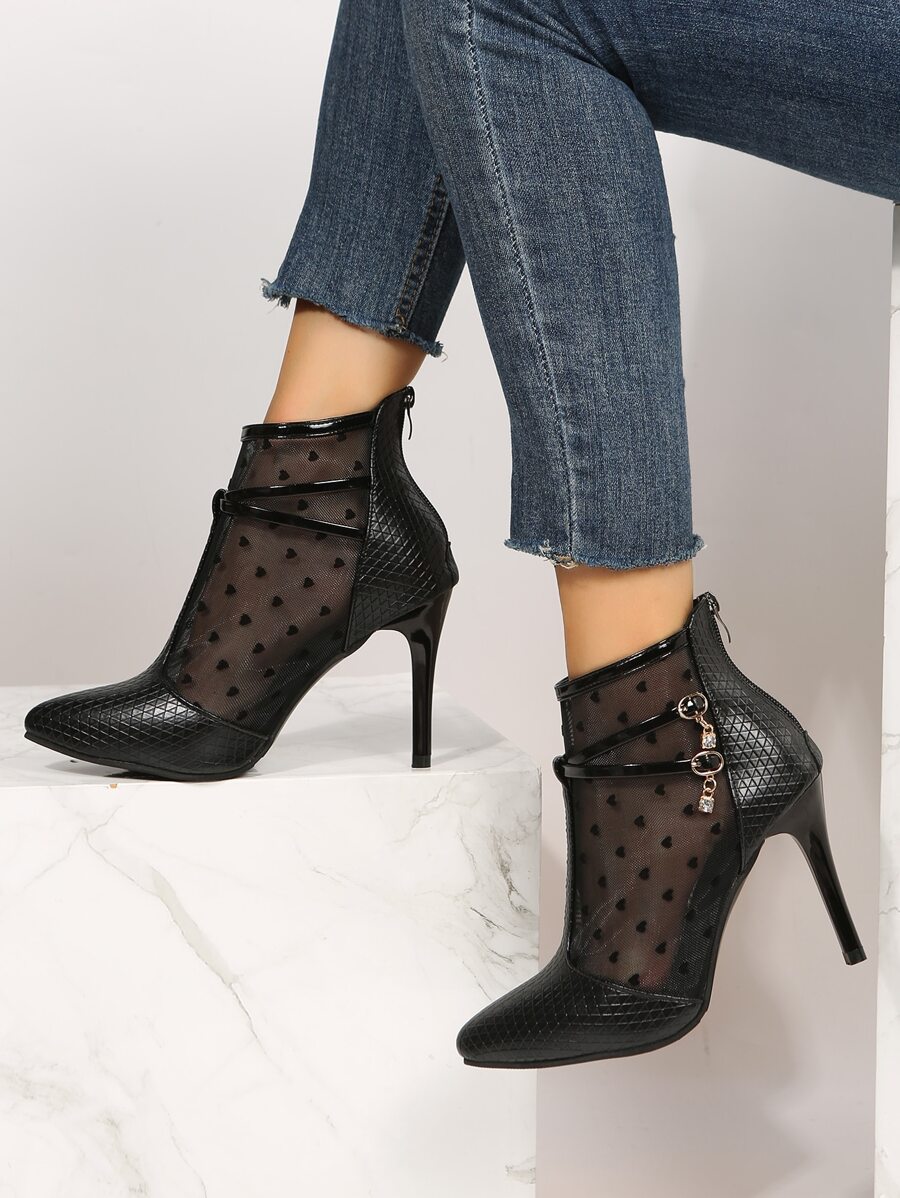 Fashionable Mesh Heart Shape Stiletto Heels Boots With Rear Zipper - Black - View 1