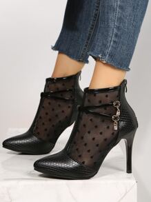 Fashionable Mesh Heart Shape Stiletto Heels Boots With Rear Zipper - Black - View 3