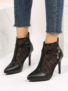 Fashionable Mesh Heart Shape Stiletto Heels Boots With Rear Zipper - Black - View 6