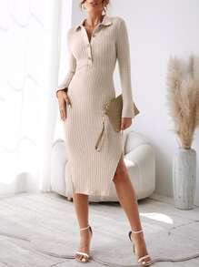 SHEIN Essnce Solid Ribbed Knit Bodycon Dress