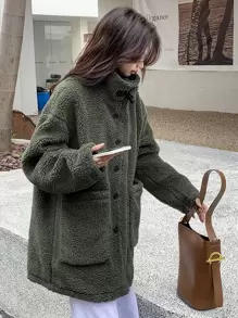 DAZY Drop Shoulder Dual Pockets Teddy Coat Women Jacket,Fall Women Clothes,Thermal Lined - Army Green - View 5