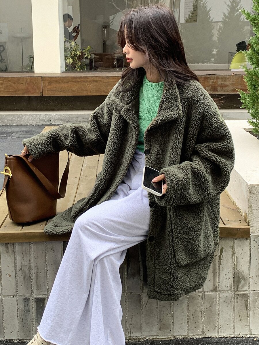 DAZY Drop Shoulder Dual Pockets Teddy Coat Women Jacket,Fall Women Clothes,Thermal Lined - Army Green - View 1