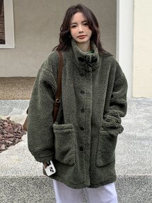 DAZY Drop Shoulder Dual Pockets Teddy Coat Women Jacket,Fall Women Clothes,Thermal Lined - Army Green - View 3