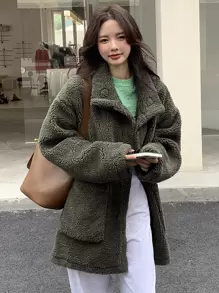 DAZY Drop Shoulder Dual Pockets Teddy Coat Women Jacket,Fall Women Clothes,Thermal Lined - Army Green - View 6