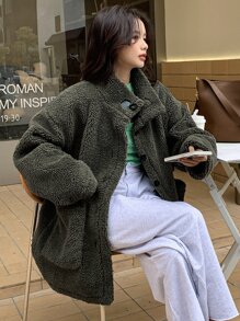 DAZY Drop Shoulder Dual Pockets Teddy Coat Women Jacket,Fall Women Clothes,Thermal Lined - Army Green - View 7