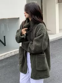 DAZY Drop Shoulder Dual Pockets Teddy Coat Women Jacket,Fall Women Clothes,Thermal Lined - Army Green - View 8