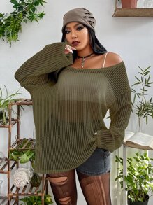Flirla Plus Scoop Neck Open Knit Top Without Bra - Army Green - View 1