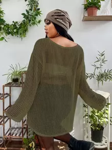 Flirla Plus Scoop Neck Open Knit Top Without Bra - Army Green - View 2