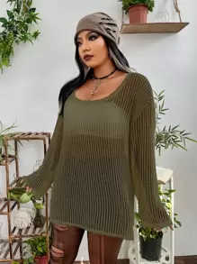 Flirla Plus Scoop Neck Open Knit Top Without Bra - Army Green - View 4